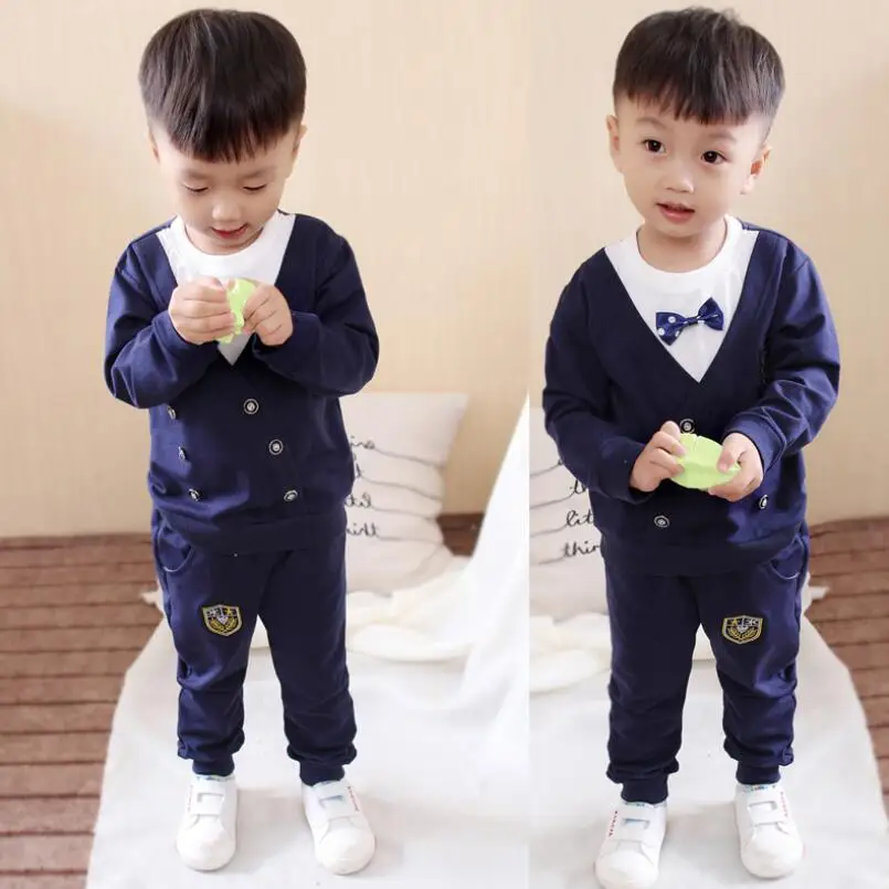 2019 Baby Boy Clothes winter gray/dark blue Clothing Set Long sleeves Leisure boys t shirt+ Pant 2pcs kids clothes set |