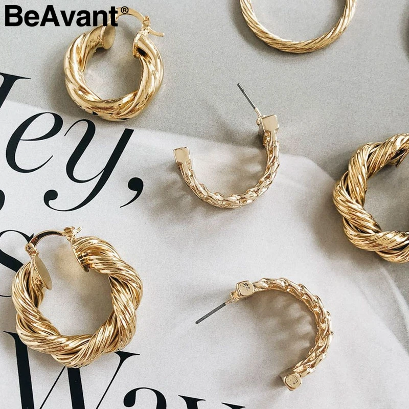 Женские винтажные серьги BeAvant круглые золотого цвета с металлической витой нитью