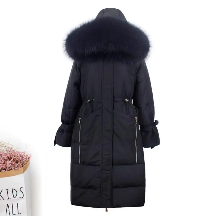 black with real fur Новое поступление, большой натуральный меховой воротник, с капюшоном, белый утиный пух, пальто для женщин, зимнее, на молнии, с отстроченными карманами, толстое, длинное, теплое, пуховое пальто - Цвет: black with real fur