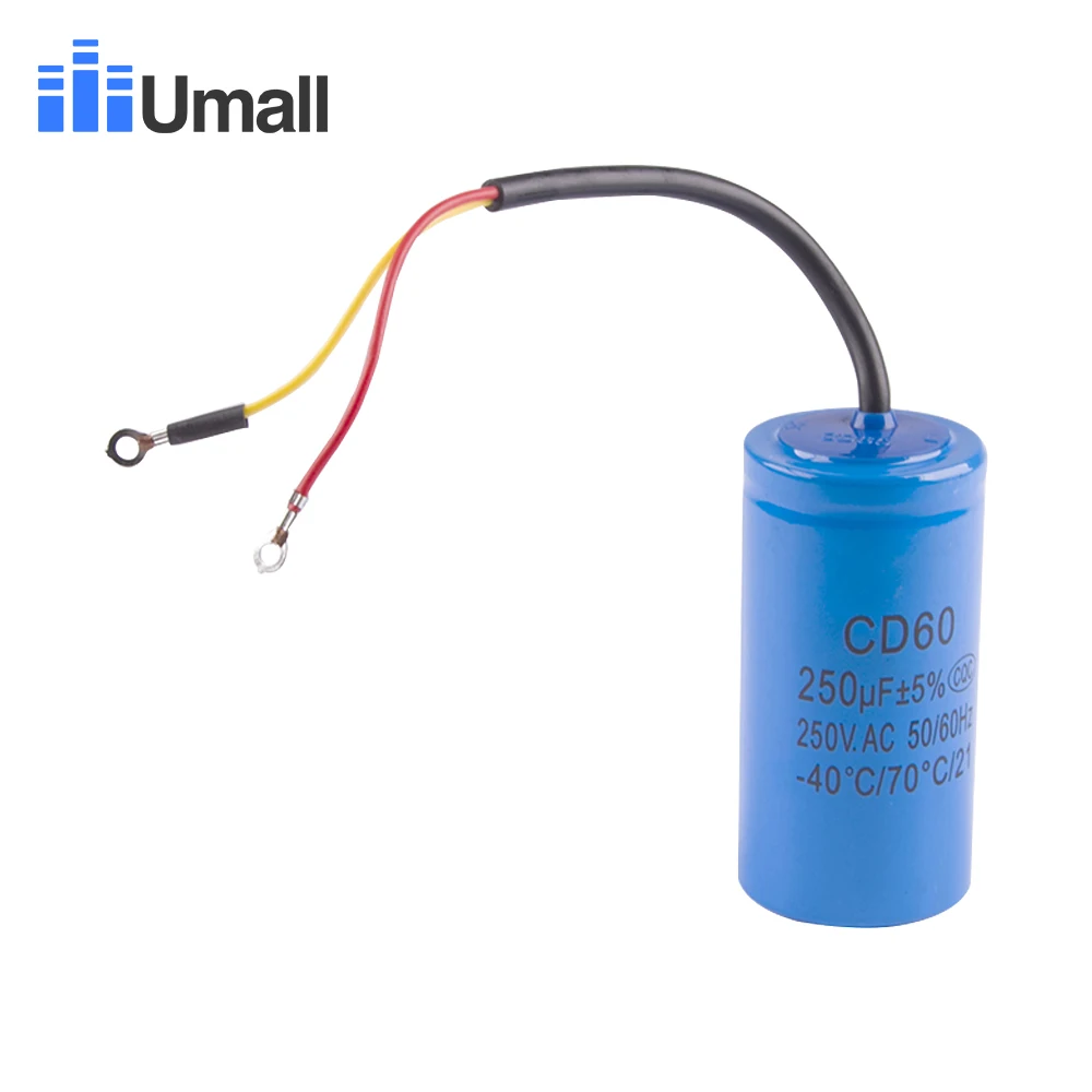 CD60 250 мкФ 250V AC пусковой конденсатор для сверхмощного электрического двигателя Воздушный компрессор красный желтый два провода