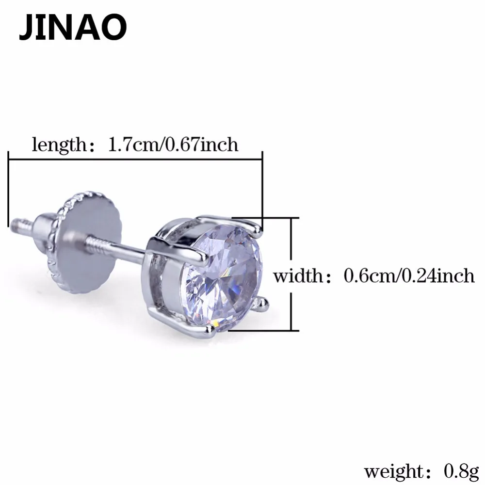 Позолоченные/серебряные серьги-гвоздики JINAO 6 мм с большим фианитом и винтом на