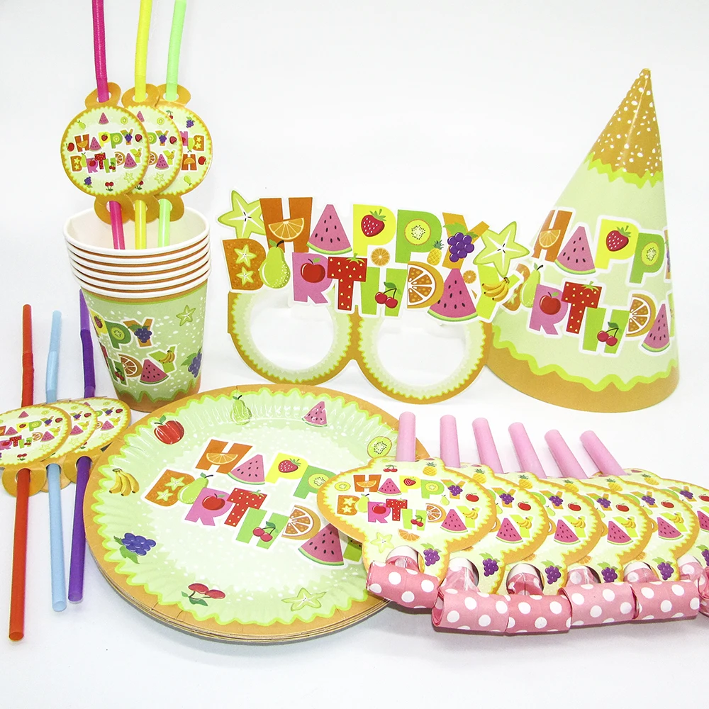 

36 шт./компл., вечерние одноразовые стаканчики с рисунками фруктов, шляпы, соломенные, вечерние, для дня рождения, для детей, для мальчиков, зел...