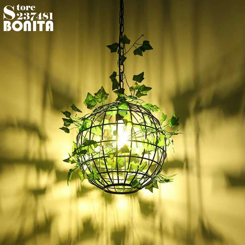 

Spherical simulation plant hanging lights bedroom Industrial wind droplight loft bar Green decorative vintage pendant light