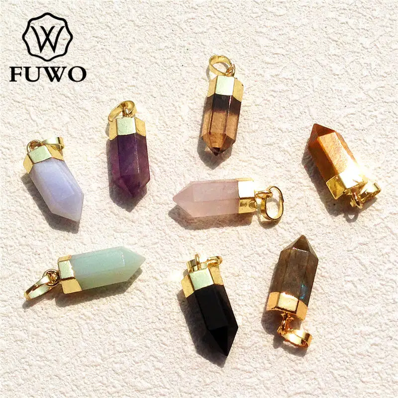 

FUWO Natural Semi-precious Stones Point Pendant 24K Gold Electroplated High Quality Bullet Shape Quartz Jewelry Wholesale PD125