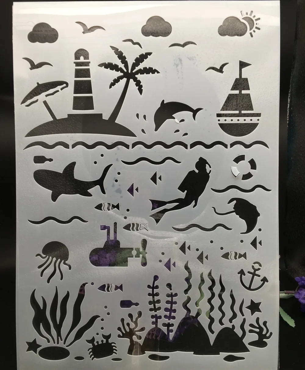 

29.7x21cm A4 Sea Ocean World DIY Layering Stencils Wall Painting Scrapbook Coloring Embossing Album Decorative Card Template
