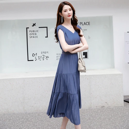 Женское летнее платье миди синее трапециевидной формы с v образным вырезом и