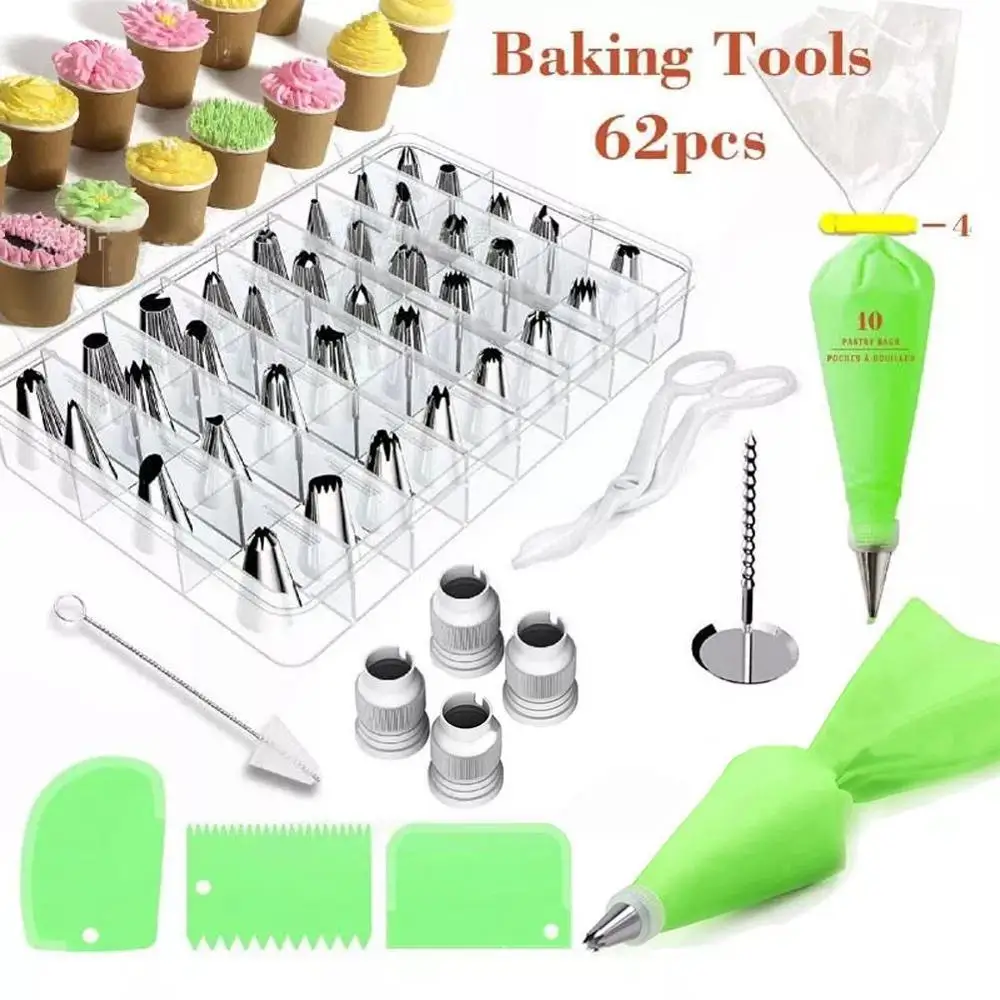 62pcs Формы для выпечки из нержавеющей стали, инструменты для выпечки, Кондитерские трубки, форма для крема, глазурь, наконечники с поворотным наконечником, шпатель для украшения торта - Цвет: 62pcs