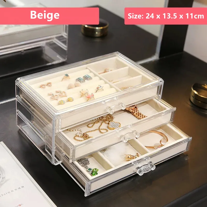 Beige Европейская бархатная коробка для ювелирных изделий 3 ящик слои коробка для хранения ювелирных изделий Органайзер для макияжа серьги, кольцо, ожерелье органайзер для хранения дисплей - Цвет: Beige