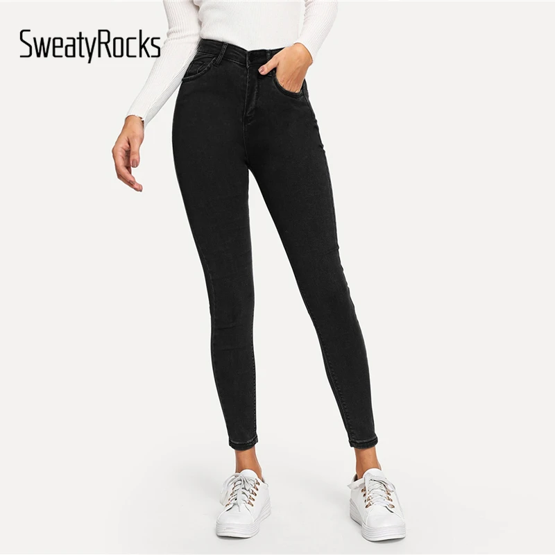 SweatyRocks, однотонные обтягивающие джинсы с высокой талией, уличная одежда, зауженные брюки на пуговицах, новинка, весенние женские черные повседневные тянущиеся штаны