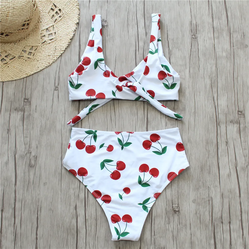 С принтом в виде вишен бикини пуш ап узлом спереди 2019 Для женщин женские