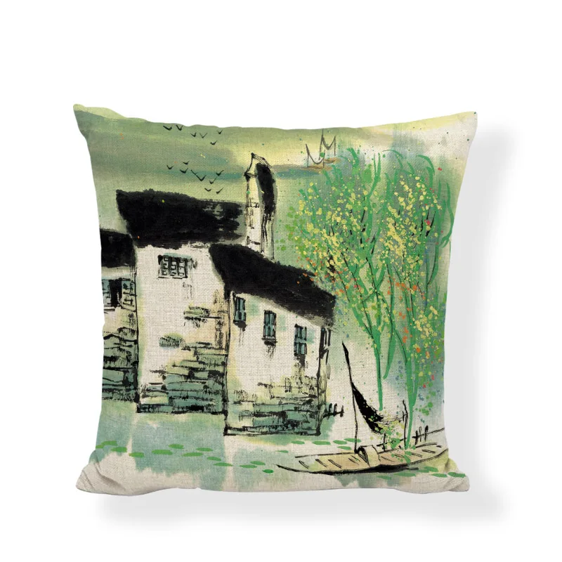 Watercolor Chinese Ancient Town Building Cushion Covers 45 cm Swallow Boat Willow Home Living Room Sofa Decorative Pillow Cases | Дом и сад
