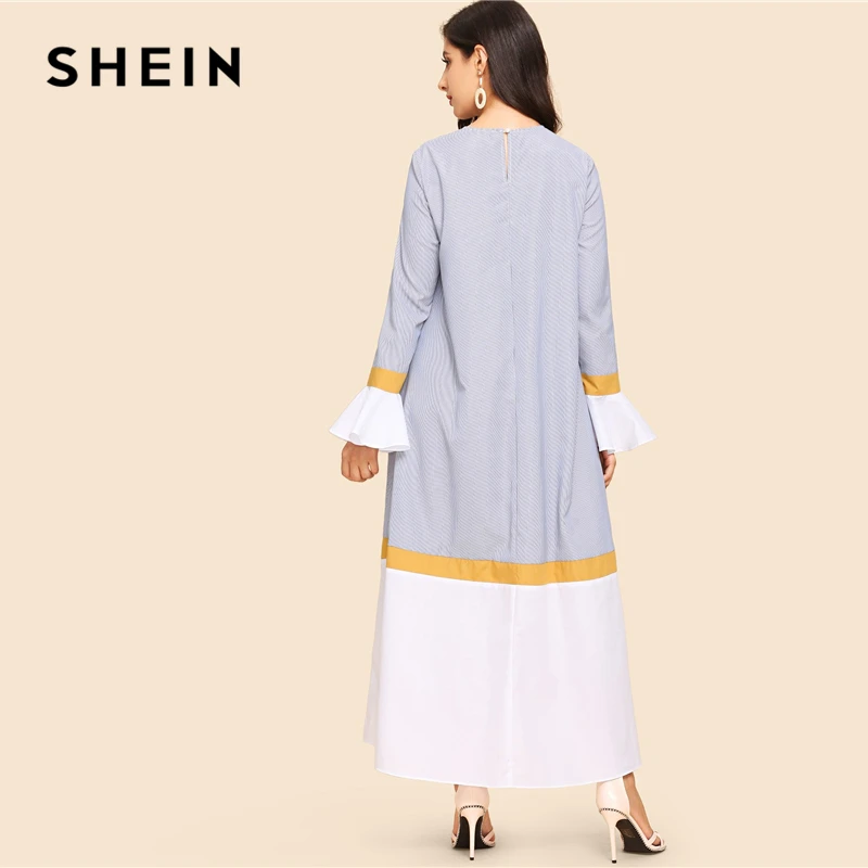 SHEIN Контрастное Платье С Поясом И Оригинальным Рукавом Женские Весенние Многоцветные Модные Платья С Длинными Рукавами И Оборками