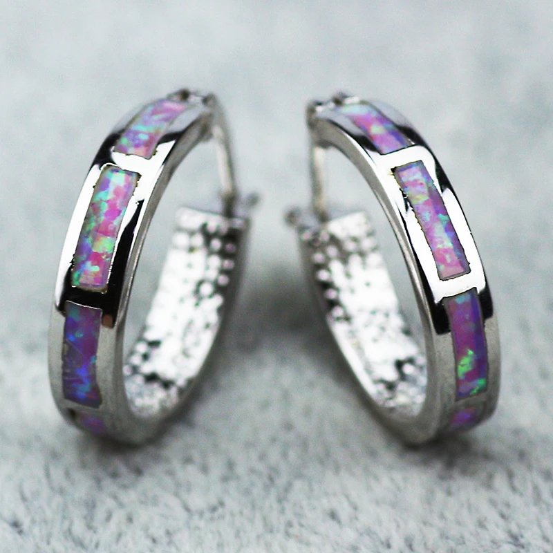 Pink Opal Round Hoop Earrings For Women Hot Sale 925 stamped Silver Plated Fine Jewelry Evening Party Pendientes ER103 | Украшения и