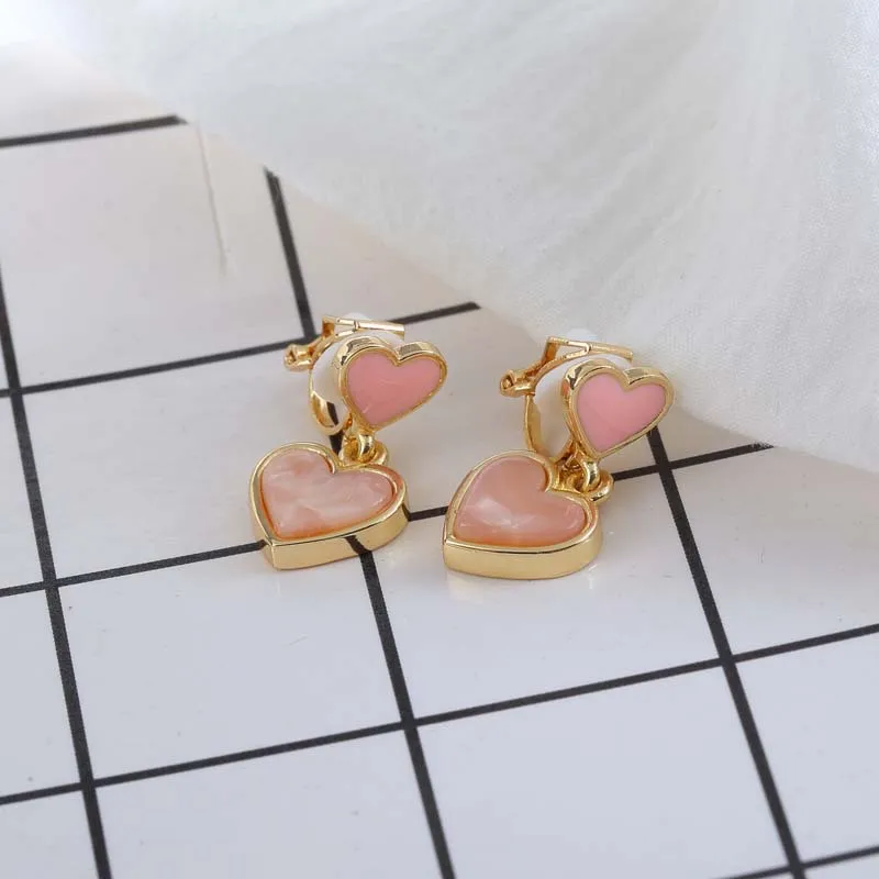 Pink heart clip on earrings without piercing for women no ear hole | Украшения и аксессуары