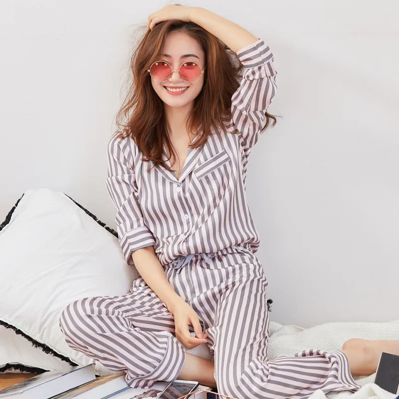 JRMISSLI женские пижамы женский пижамный комплект Шелковый полосатый длинный рукав