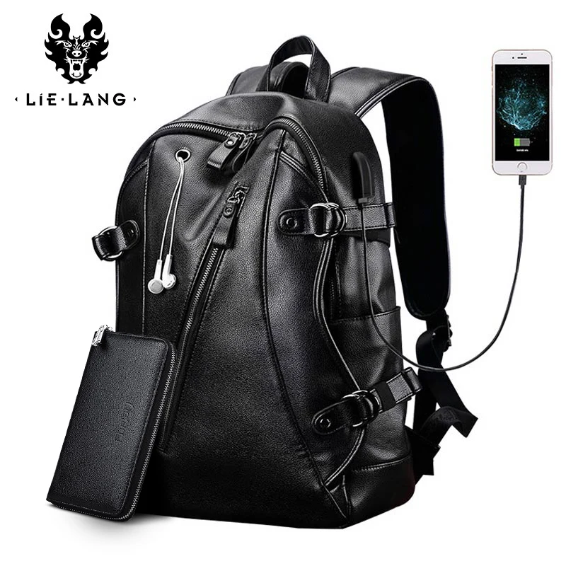 LIELANG Men Backpack External USB Charge Waterproof Fashion PU Leather Travel Bag Casual School leather bookbag | Багаж и сумки - Фото №1