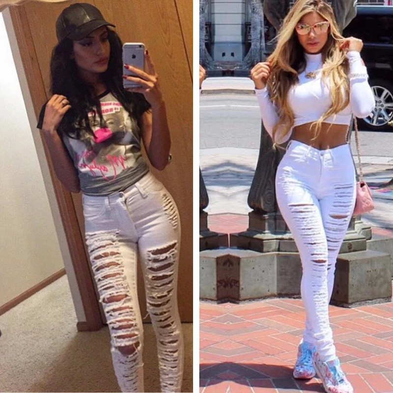 Лето 2018 Модные женские леггинсы джинсы с высокой талией рваные обтягивающие