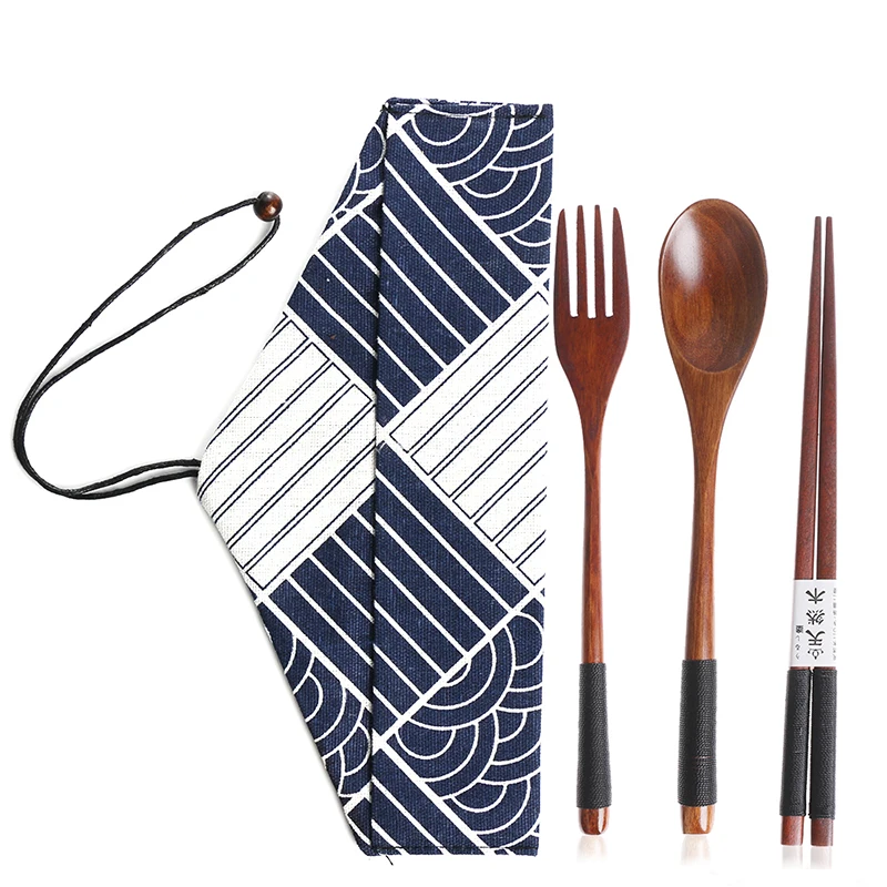 GEEW Portable Tableware Wooden Cutlery Sets with Useful Spoon Fork Chopsticks Travel Gift Dinnerware Suit Cloth bag | Дом и сад