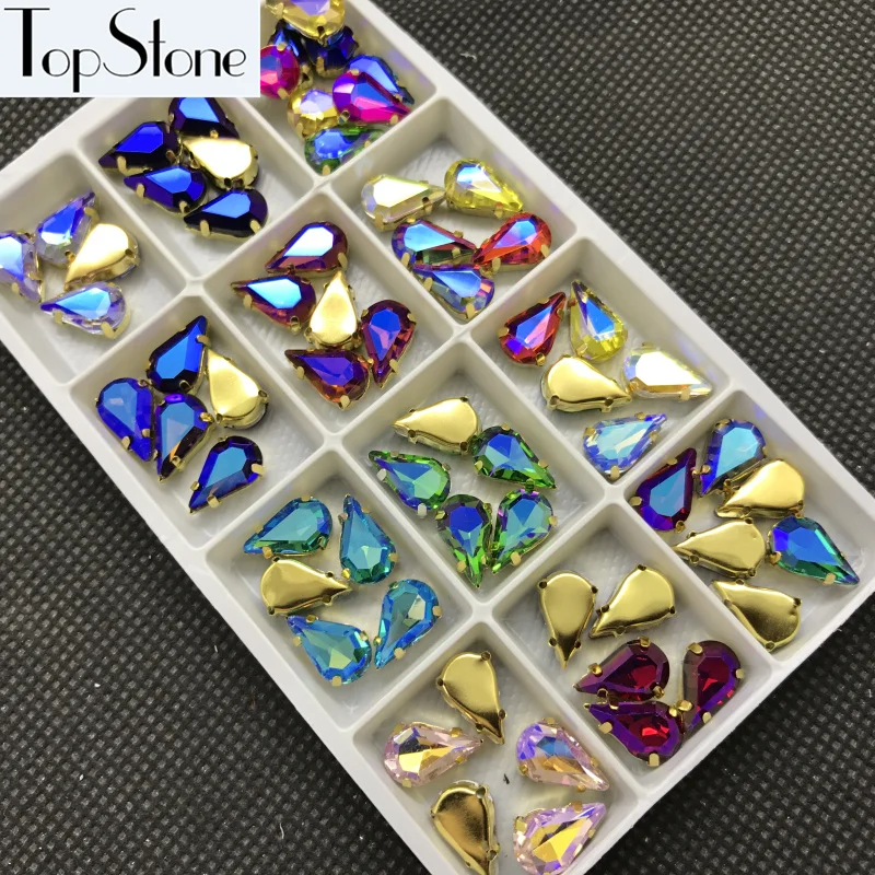 Topstone Colors AB 6x10 8x13mm Teardrop Glass Fancy Stone with Brass Claw Setting Droplet Sewing Crystals Jewelry Beads | Дом и сад