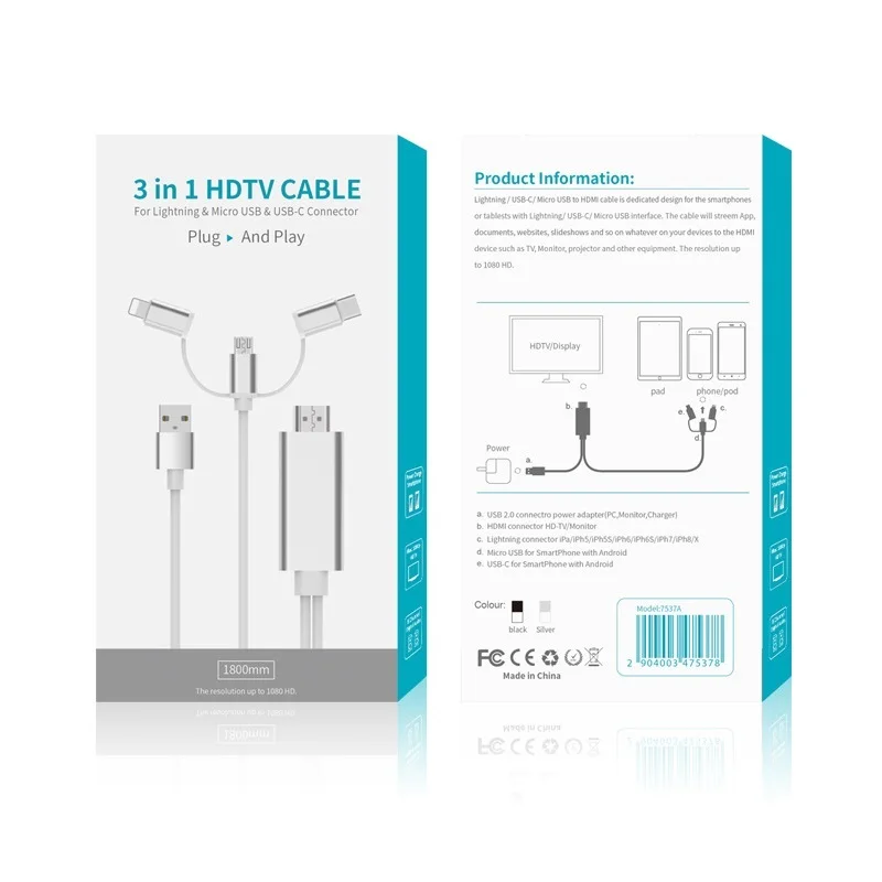 3 In 1 Sync To HDMI Monitor TV Projector Large Screen USB 3.0 Charging 1080p HD 1.8m Conversion Cable For iOS Android Device | Компьютеры
