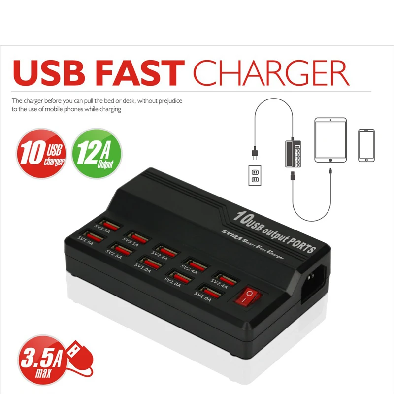 

60 Вт 10 портов быстрое зарядное устройство USB адаптер питания настенное дорожное настольное зарядное устройство 5 В/12 А