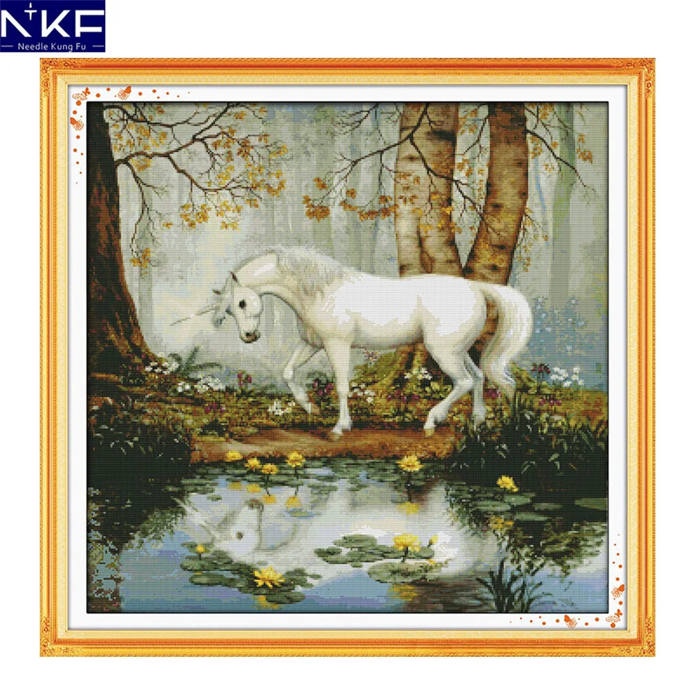 

NKF Unicorn Garden Cross Stitch Patterns Handmade Craft Needlework Embroidery Kit Animal Cross Stitching Set for Home Decor