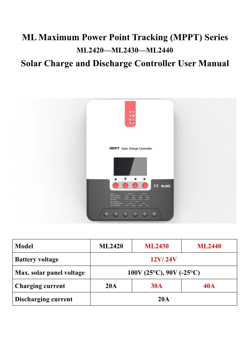 MPPT солнечная зарядка Controller20A/30A/40A 12 В 24 В солнечная панель ЖК-умный ML2420 ML2430 ML2440