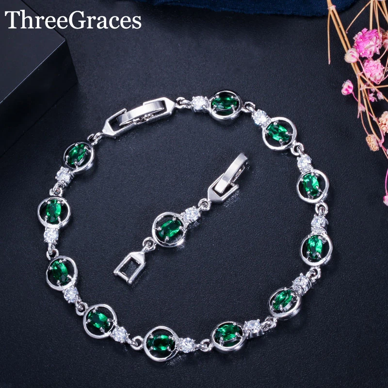 Женский теннисный браслет ThreeGraces сверкающий овальный с фианитом и зелеными