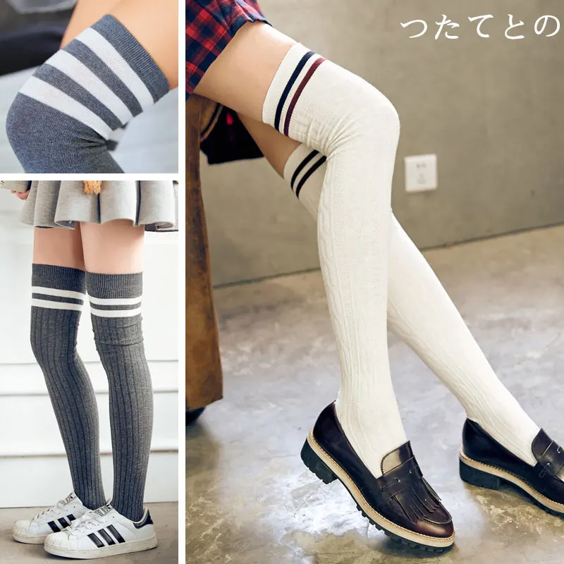 

Cotton over knee socks South Korean students college school long tube thick thigh high stockings silk striped stockings female