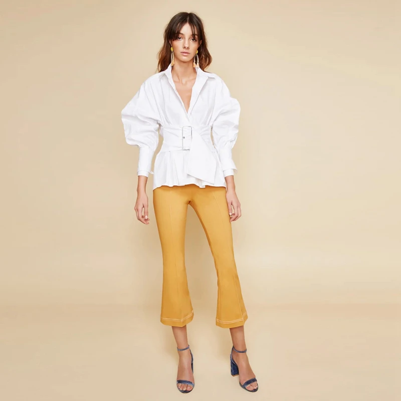 Белый верблюд рукав шар воротник с лацканами V образным вырезом рубашки для