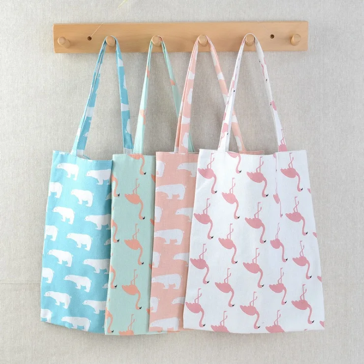 

50pcs Polar Bear Ostrich Shopping Bag Large Capacity Cotton Linen Beach Bags Women Shoulder Bag Reusable Grocery Bags W9850