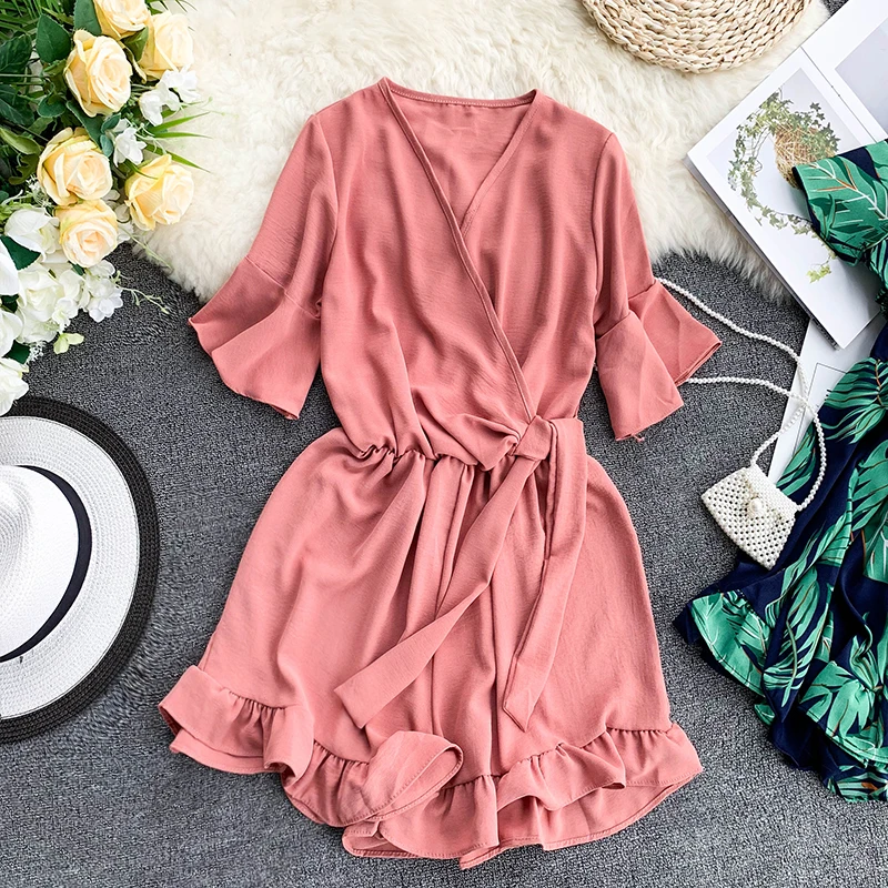 

Bohemian Summer Vacation Beach Women Rompers Floral Print Ruffles Elegant Playsuits With Sashes V Neck Waist Female Jumpsuits