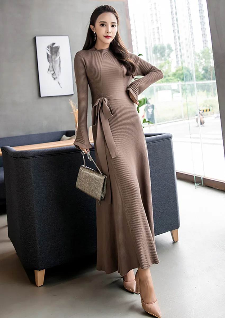 HAMALIEL однотонное трикотажное платье миди с воротником стойкой и расклешенными