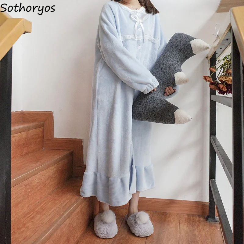 Ночные рубашки женские длинные Kawaii корейский стиль свободные толстые теплые мягкие однотонные кружевные повседневные студенческие пижамы повседневные женские пижамы
