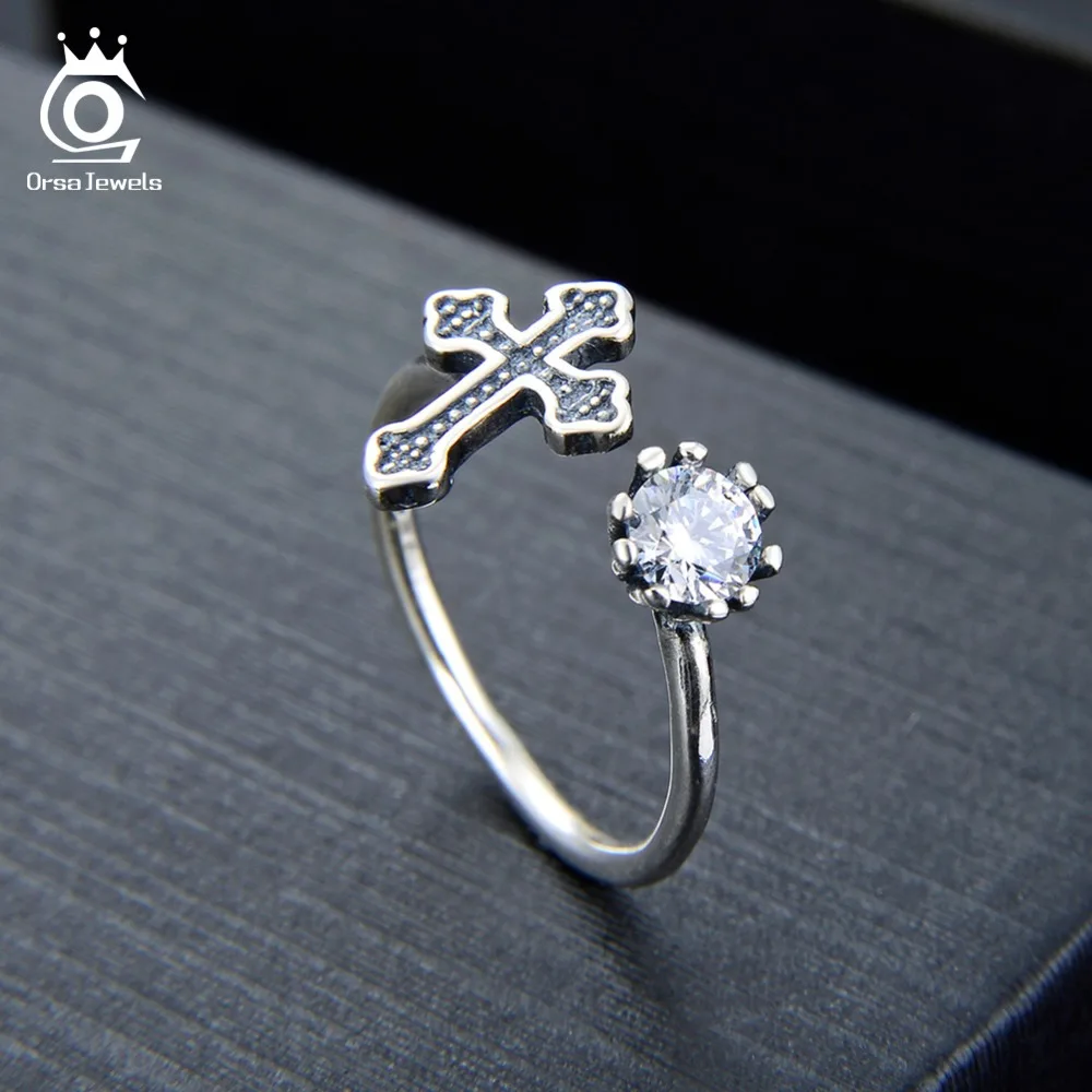 ORSA JEWELS, настоящее женское кольцо 925, Стерлинговое Серебро, кубический циркон и черный крест, регулируемые женские кольца, вечерние ювелирные изделия SR130