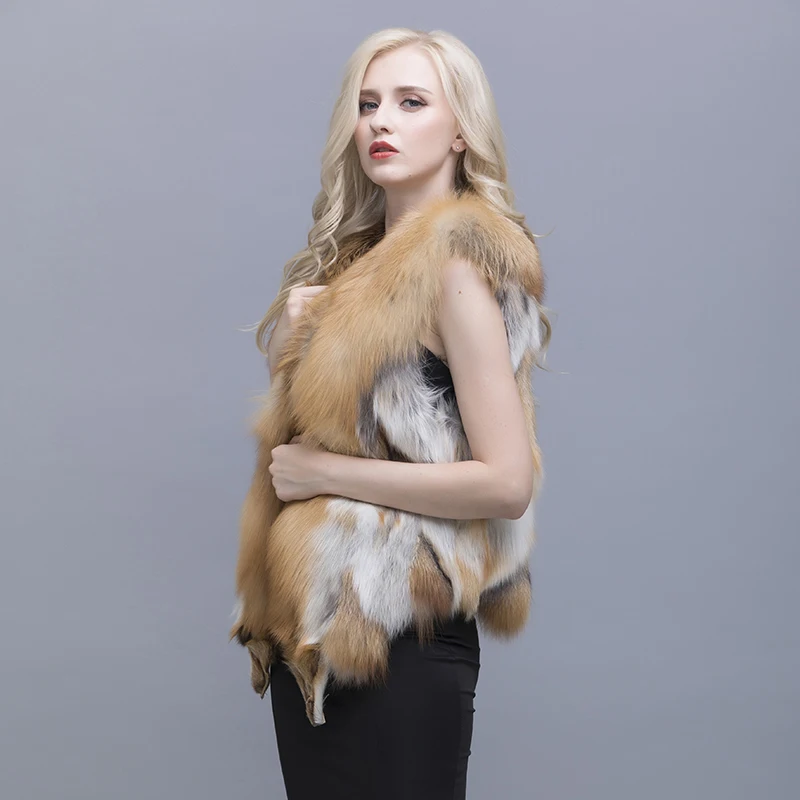 QIUSIDUN Natural Red Fox Fur Vest V Collar 50 Cm Coat Winter Warm Fashion Large Size Woman's Pure Natural Full Pelt Vests Solid