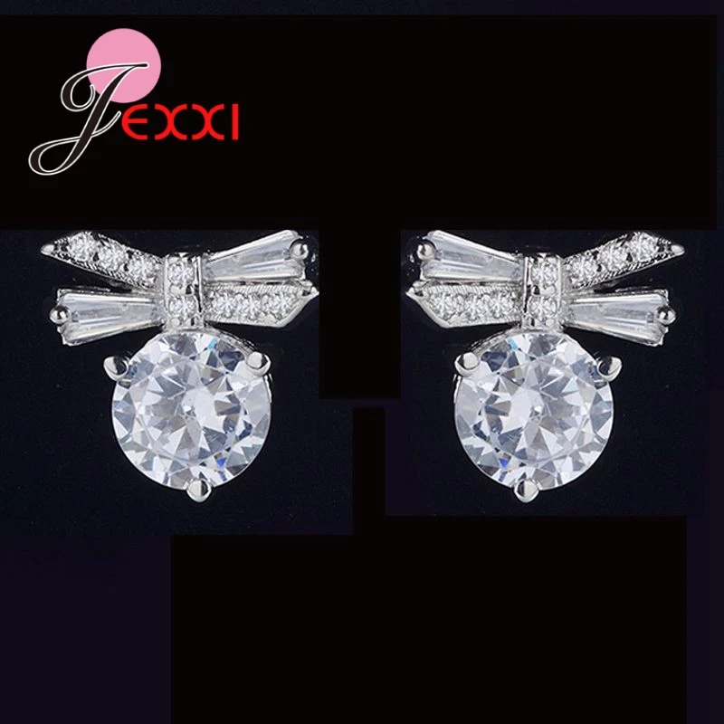 

Free Shipping Cute Bowknot Shaped 925 Sterling Silver CZ Crystals Stud Earrings For Girls Women Party Jewelry B