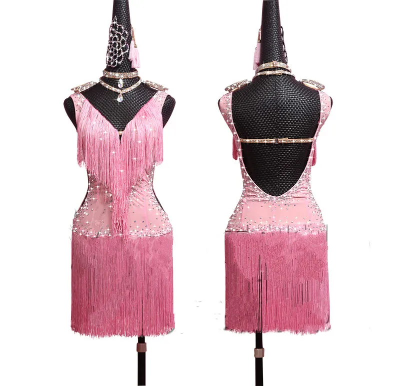 

Сексуальные женские платья с кисточками для латинских танцев, розовые Блестящие модные женские юбки со стразами для взрослых, профессионал...