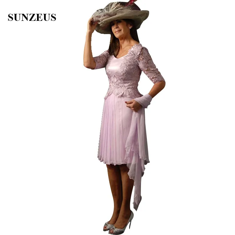 

Lace Half Sleeve Mother Of The Groom Dress A-line Knee Length Chiffon Mama Formal Party Gowns Purple Bride Mother Dress CM0227