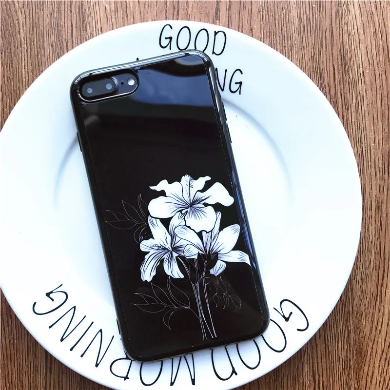 Fashion Mirror Flowers Phone Cases for iPhone 6 Case For Apple iphone 6S 7 Plus 6SPlus Coque IMD TPU Black Covers Capa Fundas |