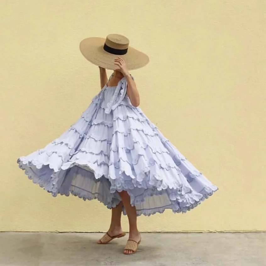 2019 Women's Ruffles Long Dress Solid Color Pure Cotton Cake Loose Pendulum Vacation Pleated Summer Strapless | Женская одежда