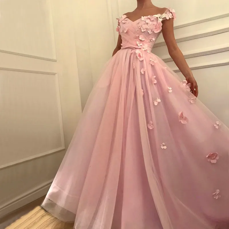 

Pink Prom Dresses A-Line Off the Shoulder Flowers Pearls Tulle Party Maxys Long Prom Gown Evening Dresses Robe De Soiree