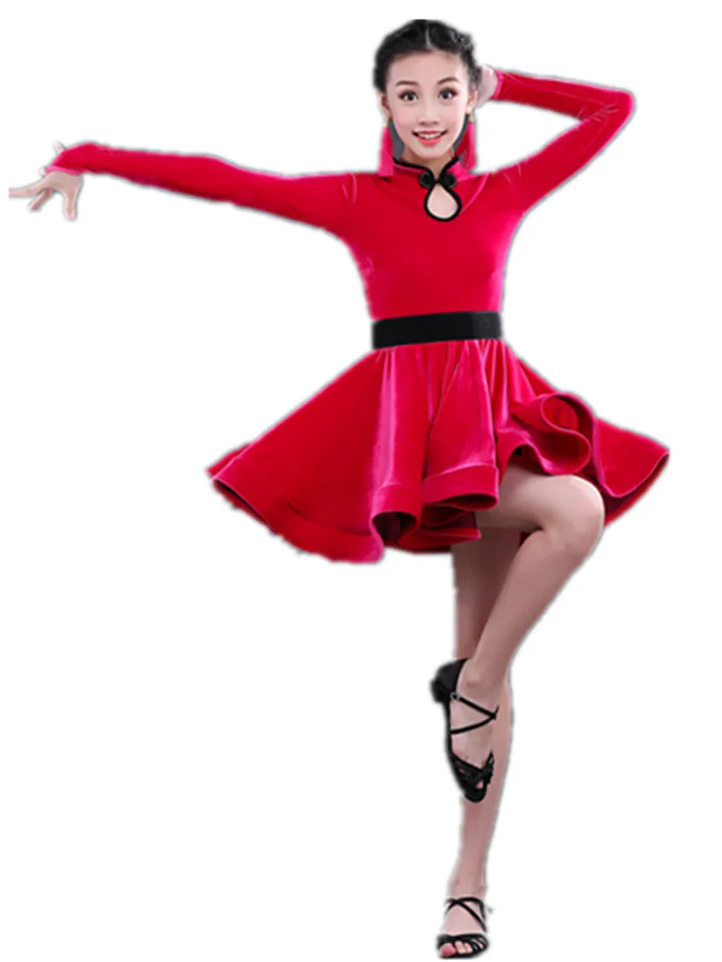 

Children Long Sleeve Latin dress velvet latin dance dress for girls black/Royal blue/red dance girls child-latin-dance dresses