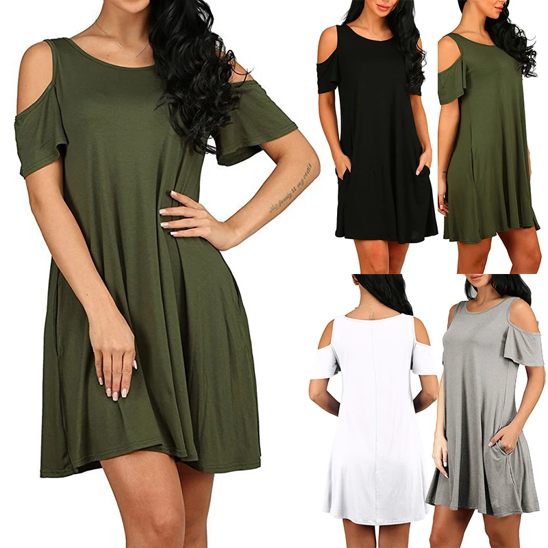 Сексуальное женское однотонное платье с открытыми плечами свободное вырезом