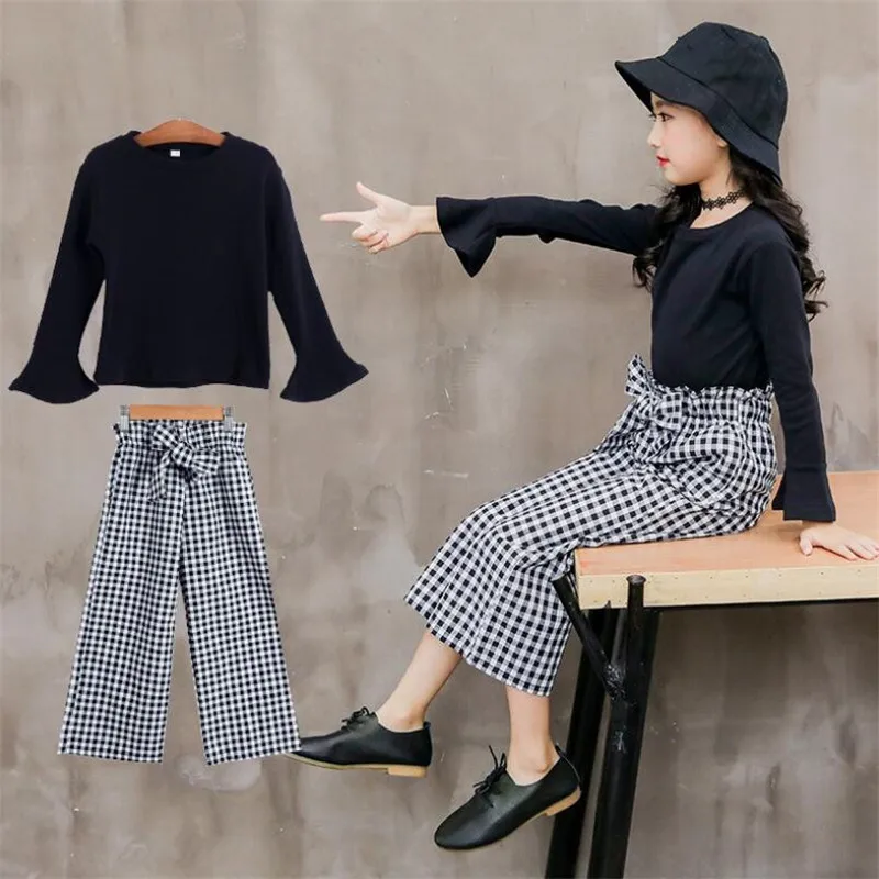  Сезон осень Школьные платья для девочек Комплекты одежды футболка с принтом и