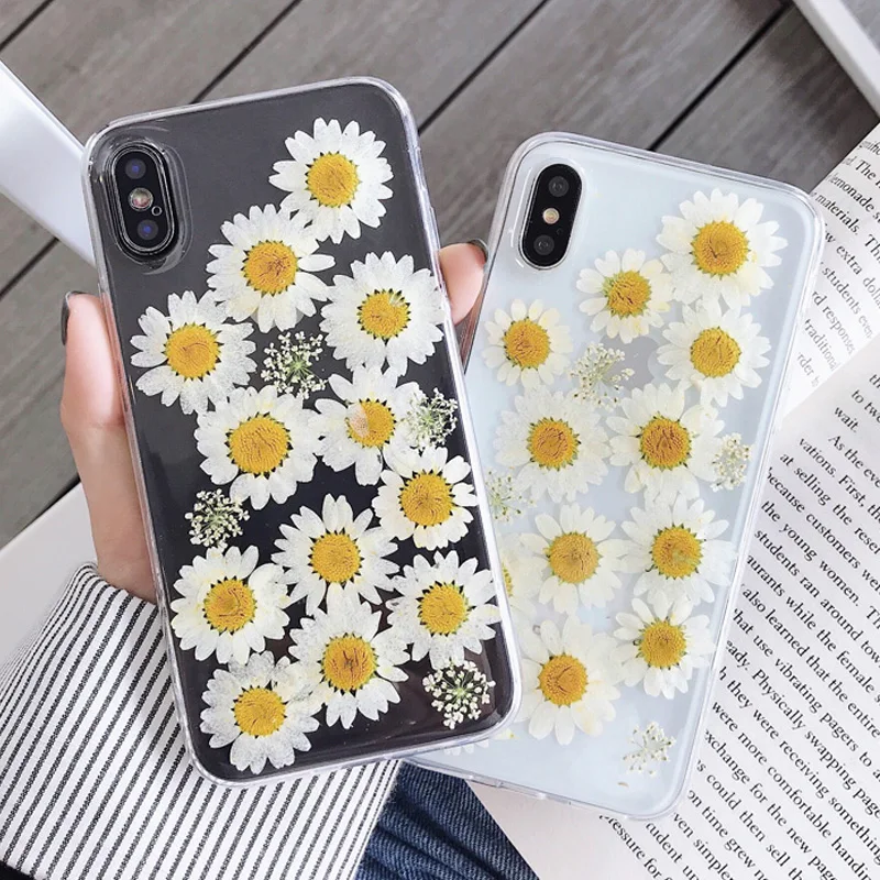 White Daisy Pressed Dried Flower Case For Samsung S7 Edge S8 S9 S10 Plus E Note 9 8 Handmade Transparent Silicon Fundas |