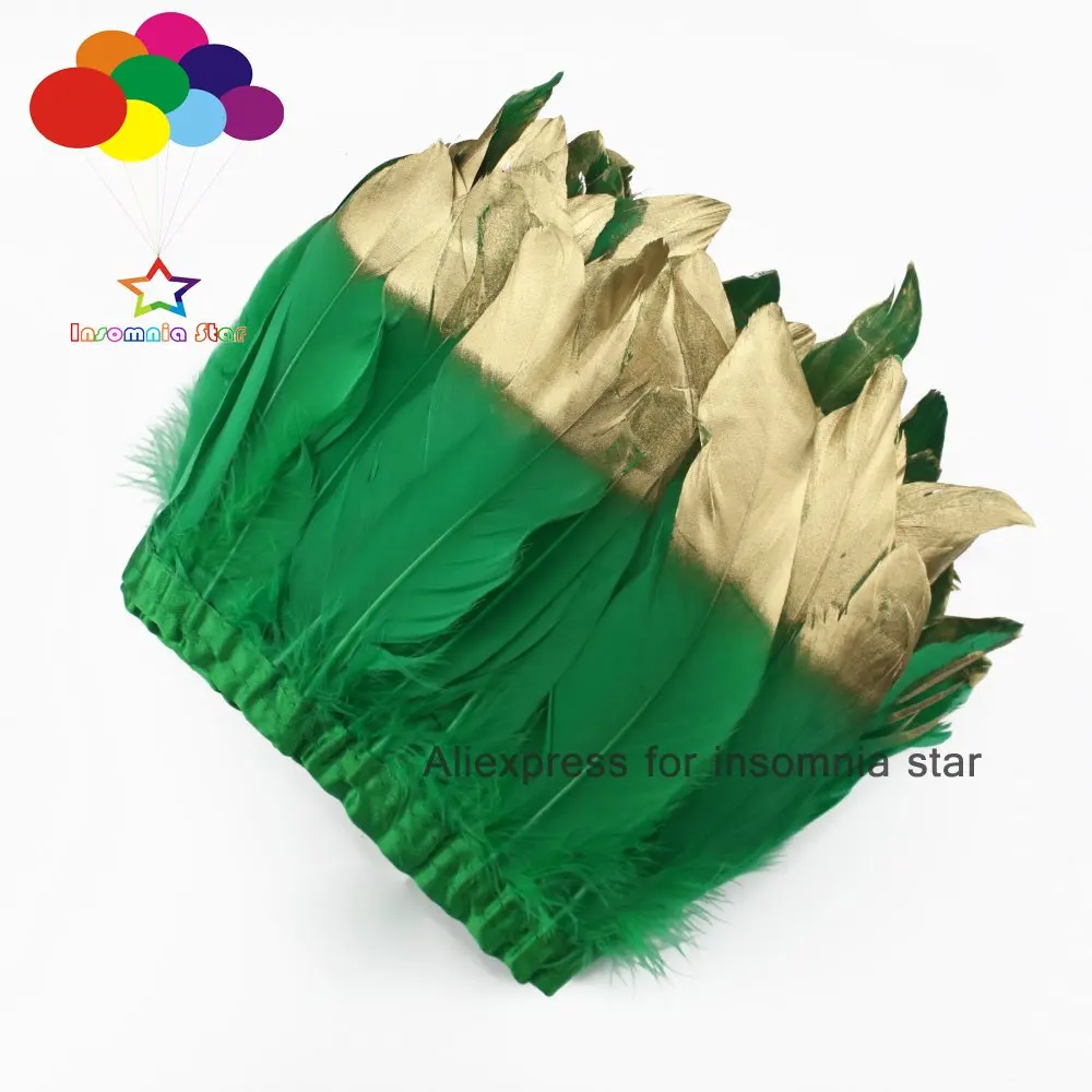 Окрашенное травяно зеленое платье 2 метра гусиное перо бахрома краска золотые