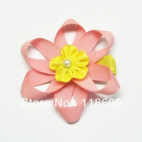 

Wholesale 300pcs/lot Solid Pink Ribbon Daisy Flower Hair Clip Hair Bow Free Shipping