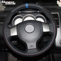 shining wheat black suede black genuine leather blue marker car steering wheel cover for old nissan tiida livina sylphy note
