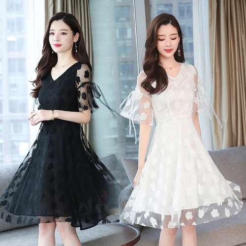 Summer Korean Lace Patchwork Mesh Elegant Dress Women Transparent White Embroidery V-neck Women's Clothing A-line Maxi Dresses | Женская